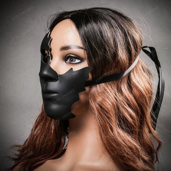Unpainted Half Face Cracked Phantom Masquerade Mask - Black - Picture 8 of 10